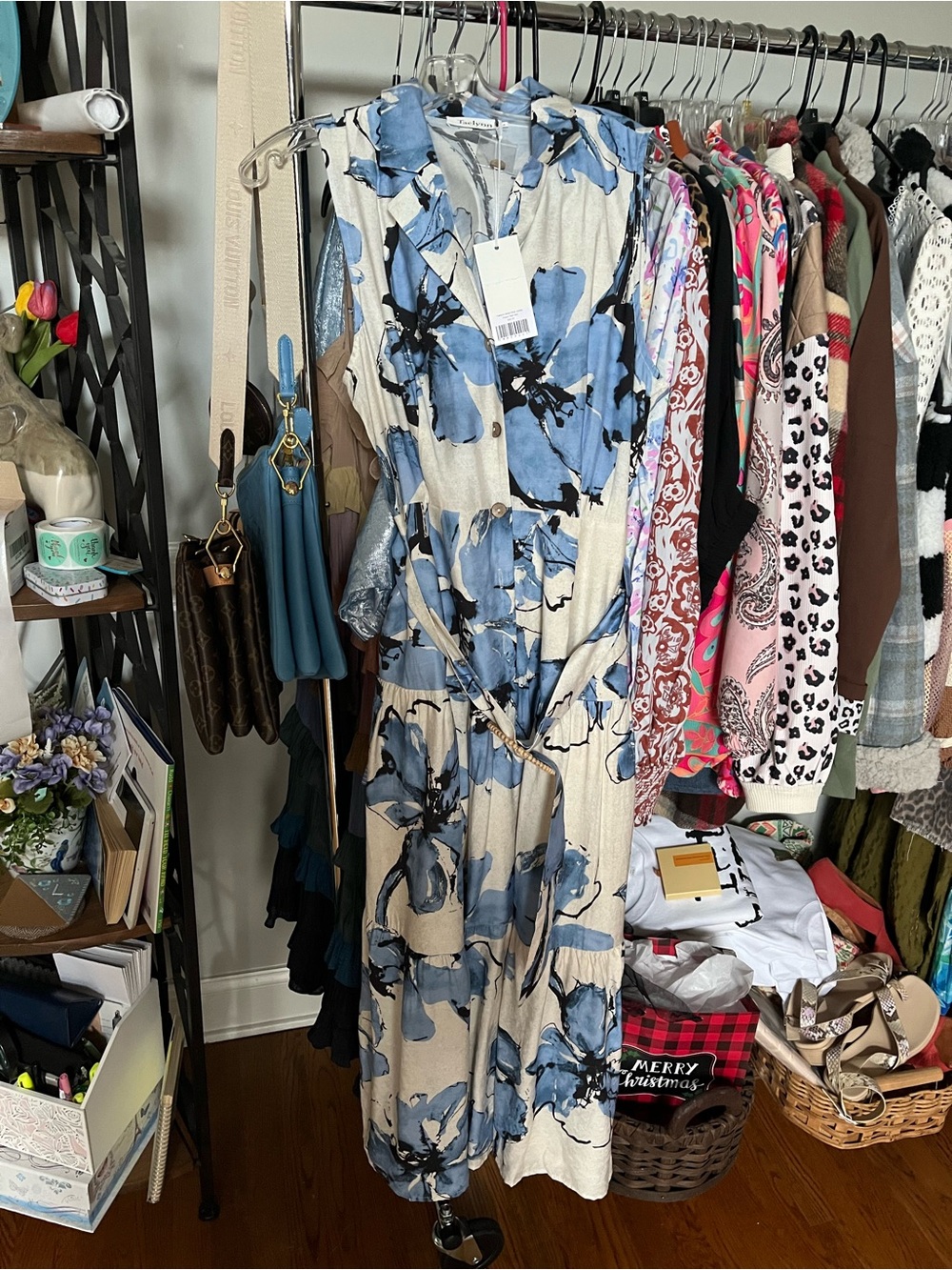 Blue Floral Maxi Dress with Belt